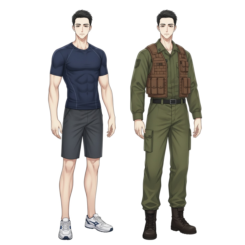男性全身立ち絵012B 表情差分9種類 服装2種類(自衛官・スポーツマン)