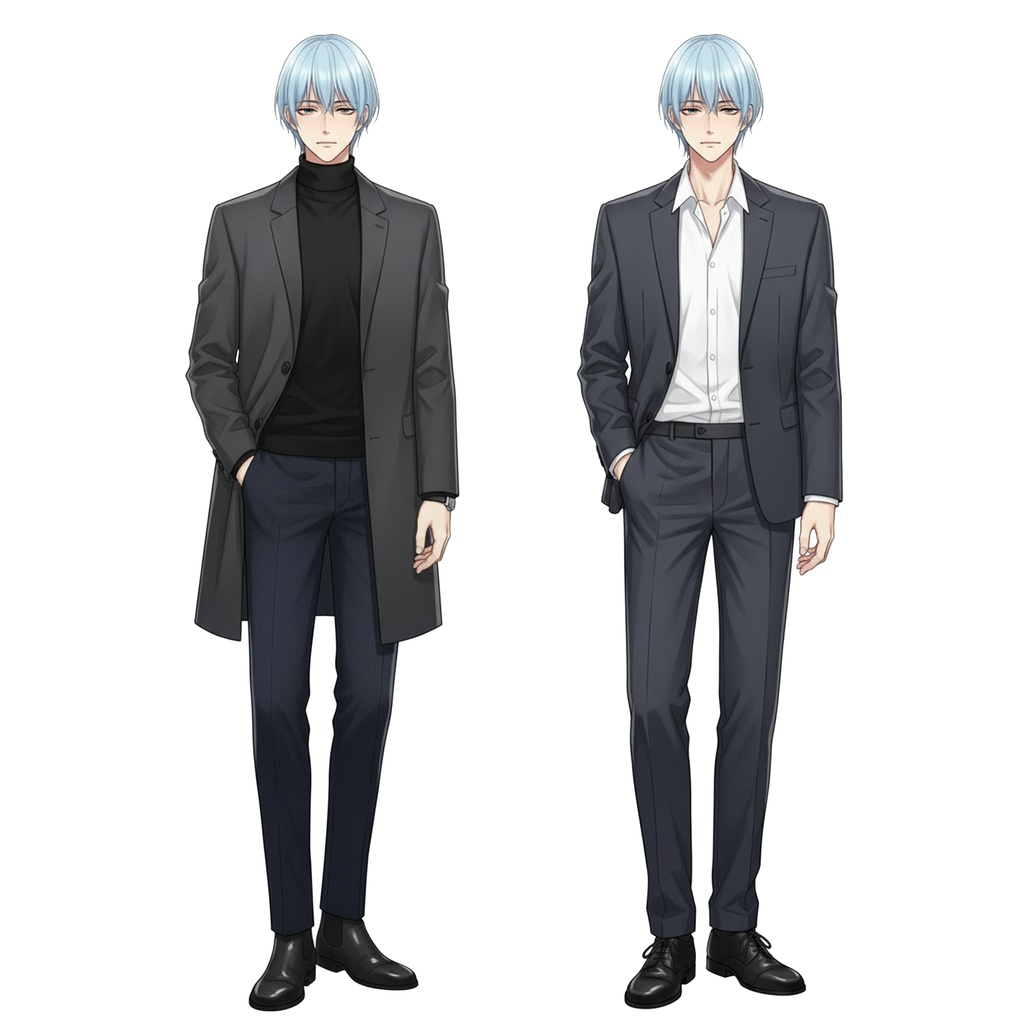 青髪男性全身立ち絵016A 表情差分9種類 服装2種類(スーツ・私服)