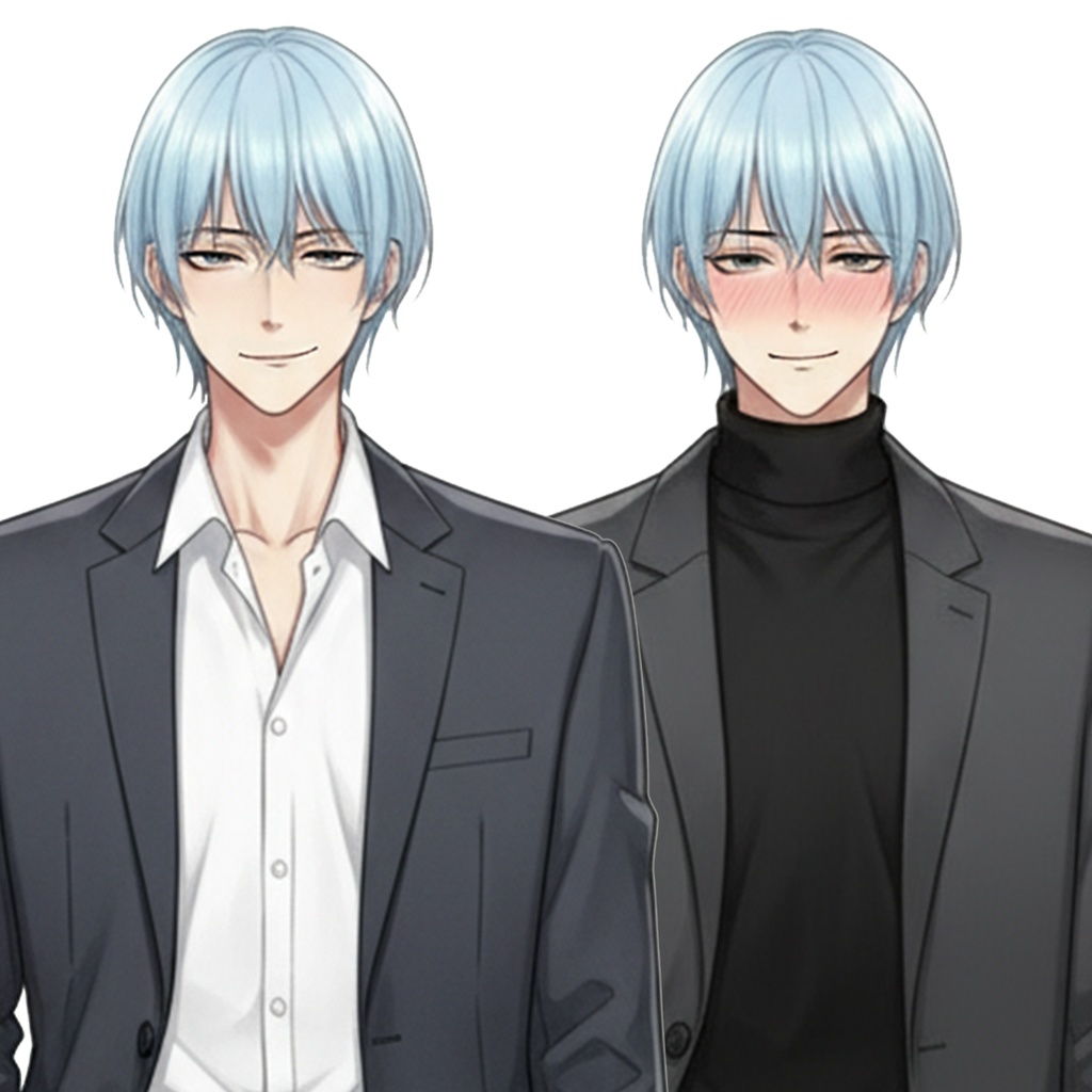 青髪男性全身立ち絵016A 表情差分9種類 服装2種類(スーツ・私服)