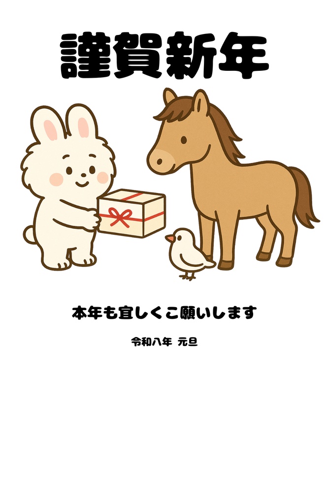 【年賀状2026】ナナちゃんとキョロちゃん&お馬さんの4枚セット(PNG・PDF)