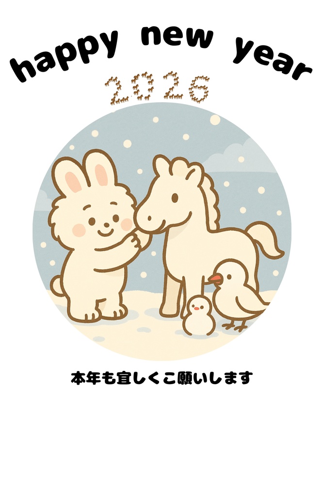 【年賀状2026】ナナちゃんとキョロちゃん&お馬さんの4枚セット(PNG・PDF)