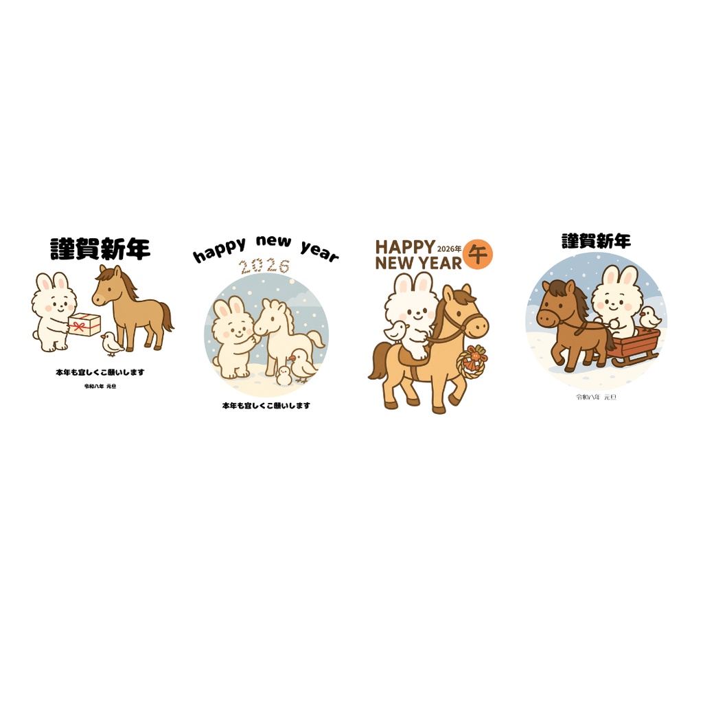 【年賀状2026】ナナちゃんとキョロちゃん&お馬さんの4枚セット(PNG・PDF)