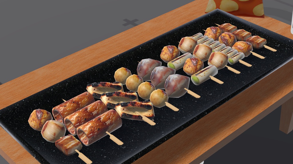 【VRChat想定ワールドアセット】「焼き鳥10種盛り合わせ(+缶ビール&ポテチ)」