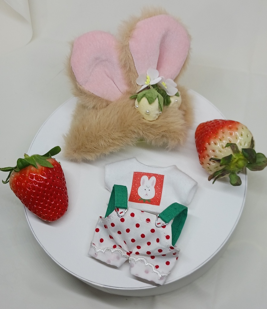 ぬい服 苺コーデセット うさ耳バンド サロペット 10cm 12cmサイズ