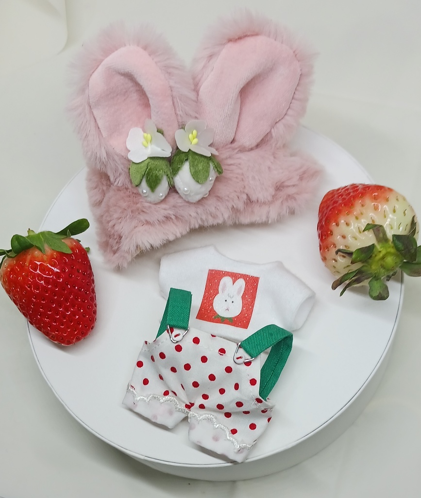ぬい服 苺コーデセット うさ耳バンド サロペット 10cm 12cmサイズ