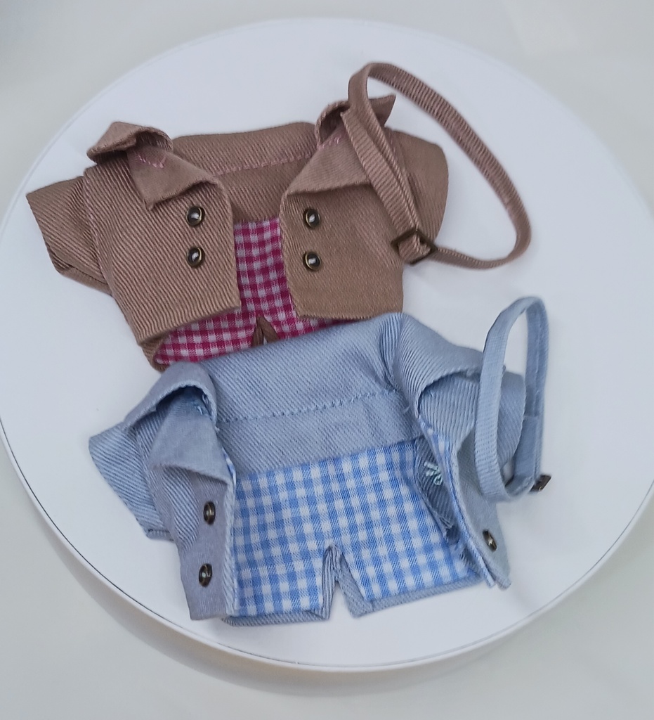 ぬい服 苺コーデセット 苺ベレー帽子 トレンチコート チェックパンツ 10cm 12cmサイズ