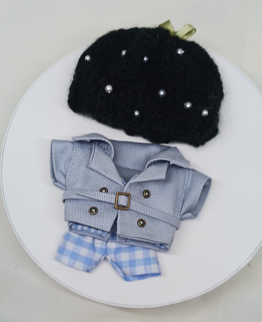 ぬい服 苺コーデセット 苺ベレー帽子 トレンチコート チェックパンツ 10cm 12cmサイズ