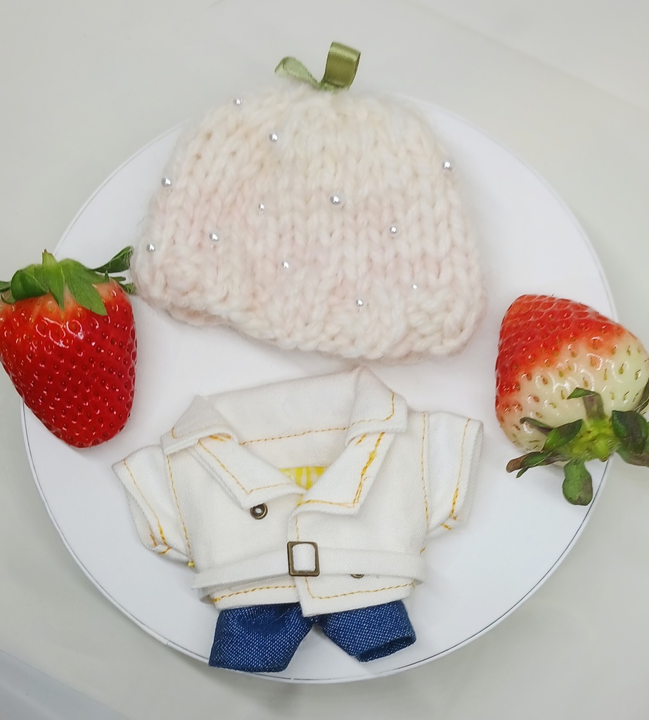 ぬい服 苺コーデセット 苺ベレー帽子 トレンチコート チェックパンツ 10cm 12cmサイズ