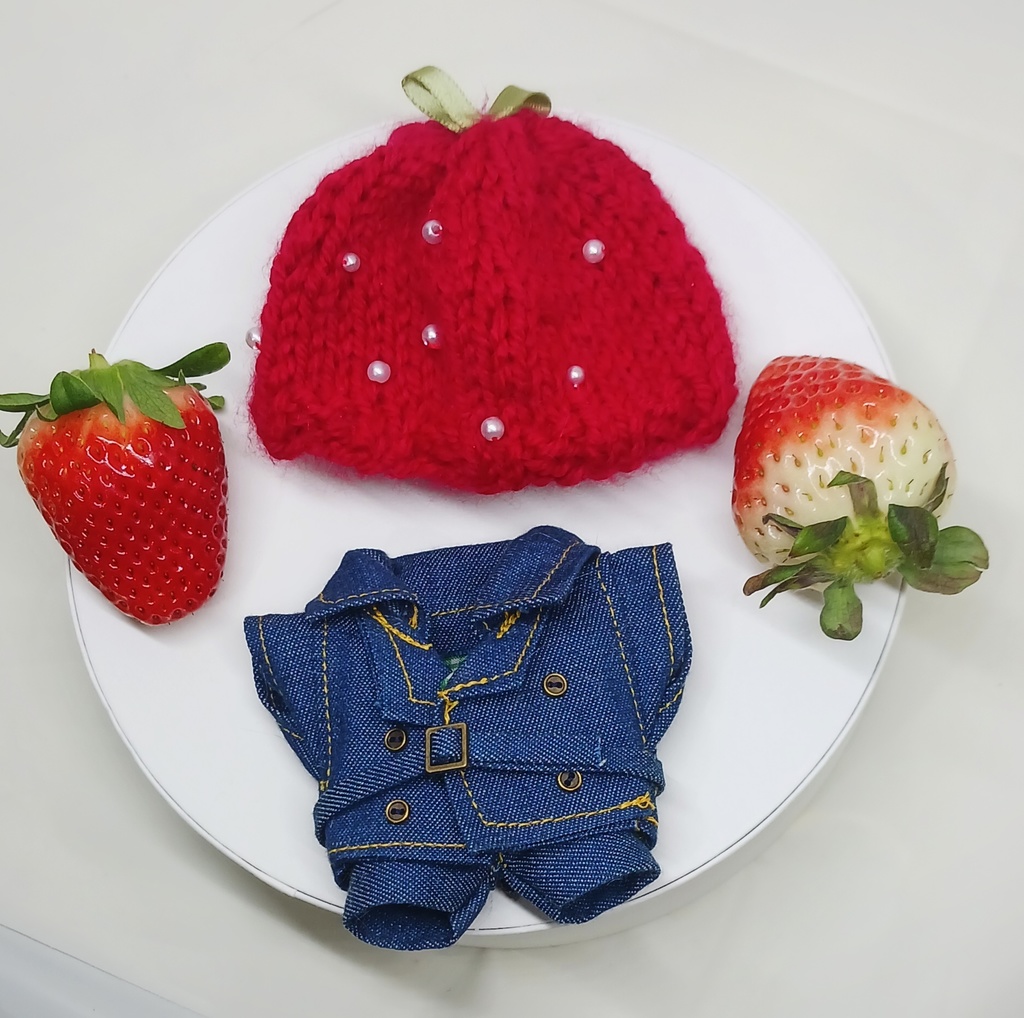 ぬい服 苺コーデセット 苺ベレー帽子 トレンチコート チェックパンツ 10cm 12cmサイズ