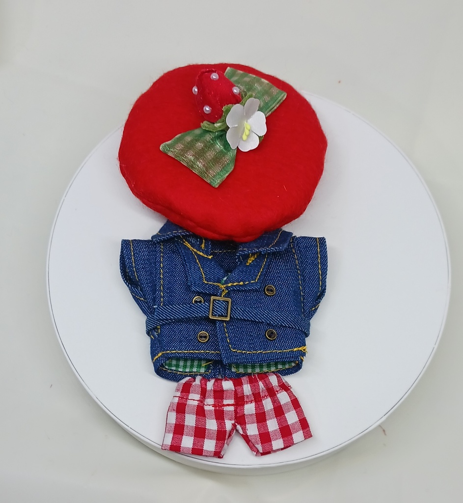 ぬい服 苺コーデセット 苺ベレー帽子 トレンチコート チェックパンツ 10cm 12cmサイズ
