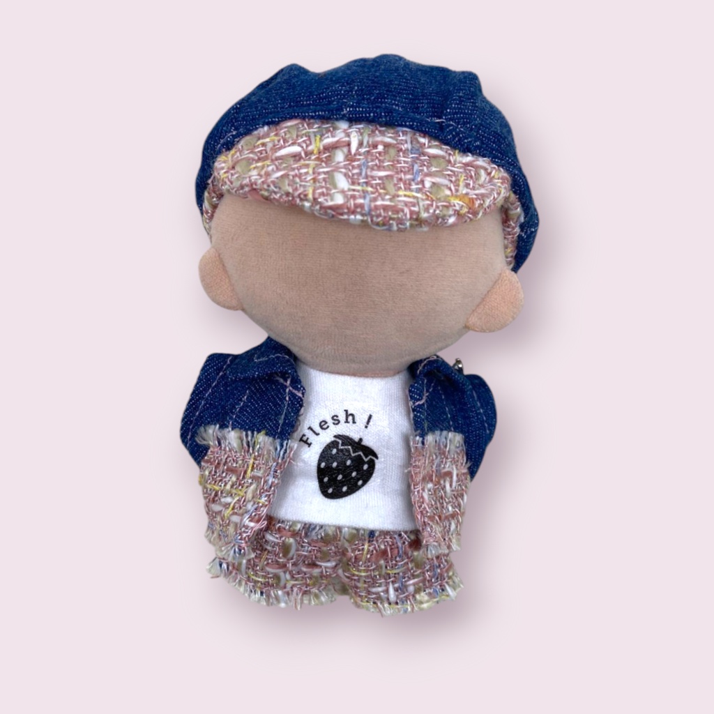 ぬい服 ツイードデニムコーデ 苺シャツ キャップ ジャケット パンツ 10cm 12cmサイズ