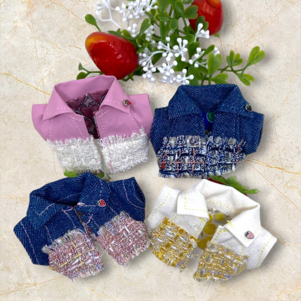 ぬい服 ツイードデニムコーデ 苺シャツ キャップ ジャケット パンツ 10cm 12cmサイズ