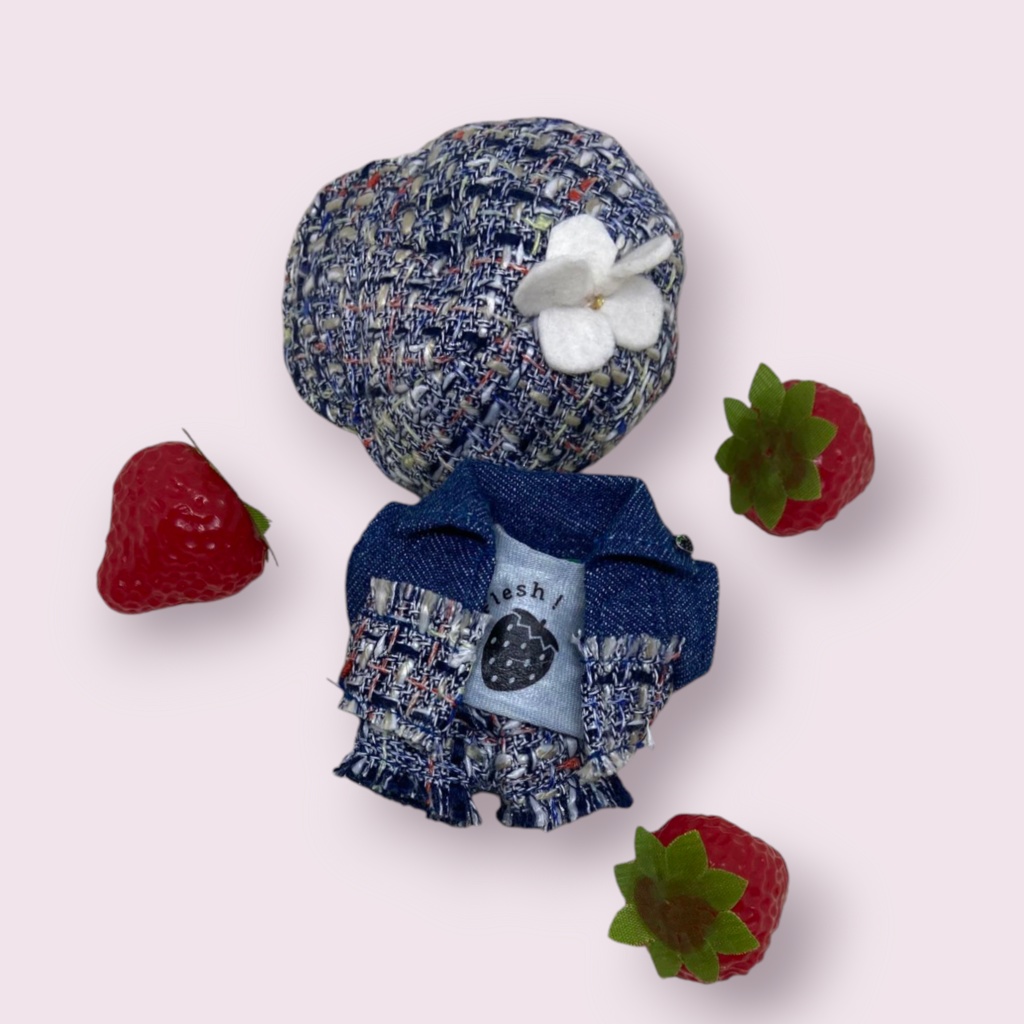 ぬい服 ツイードデニムコーデ 苺シャツ キャップ ジャケット パンツ 10cm 12cmサイズ