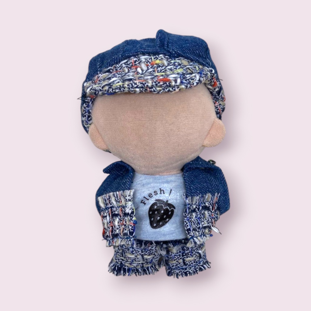 ぬい服 ツイードデニムコーデ 苺シャツ キャップ ジャケット パンツ 10cm 12cmサイズ