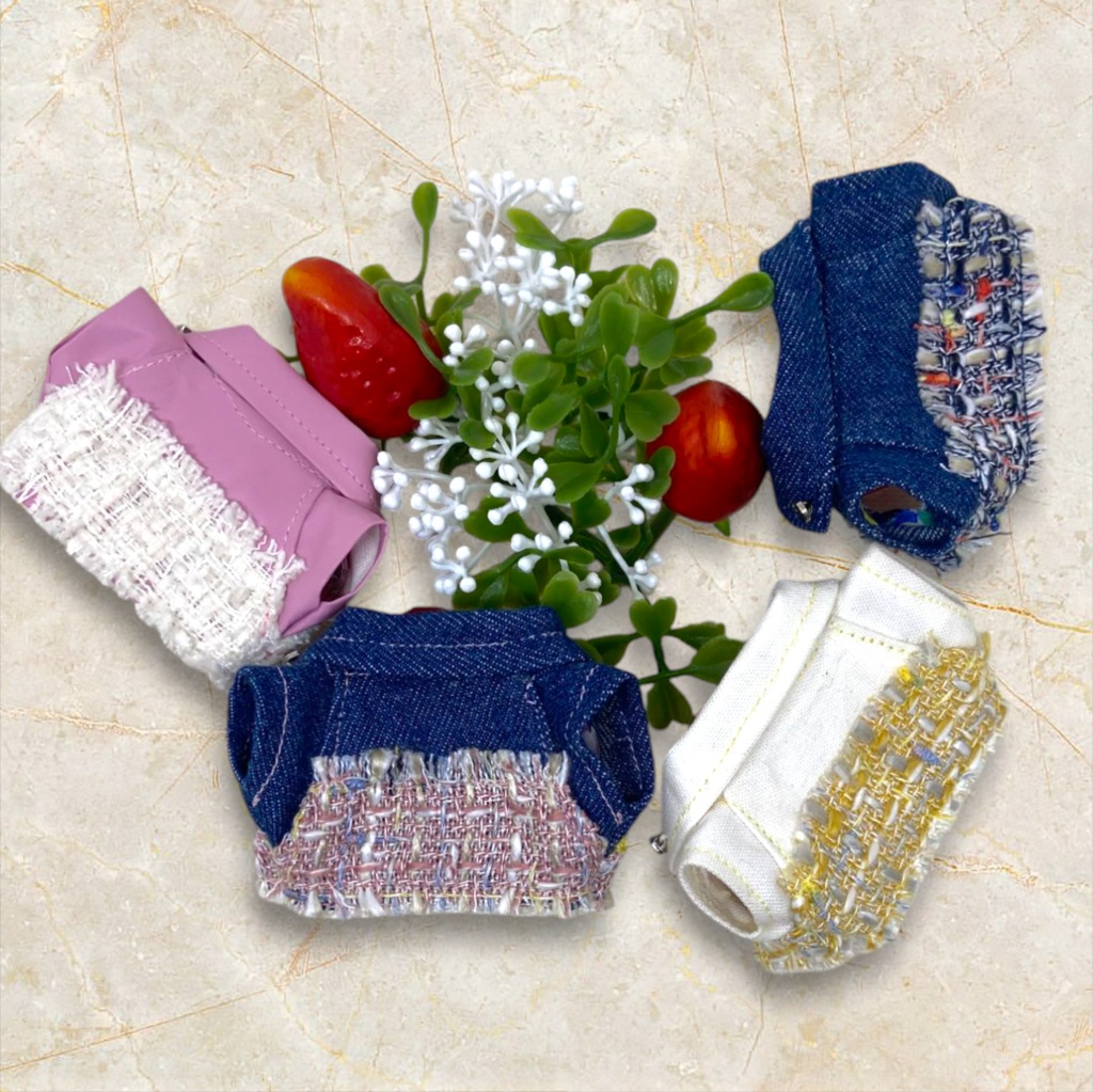 ぬい服 ツイードデニムコーデ 苺シャツ キャップ ジャケット パンツ 10cm 12cmサイズ