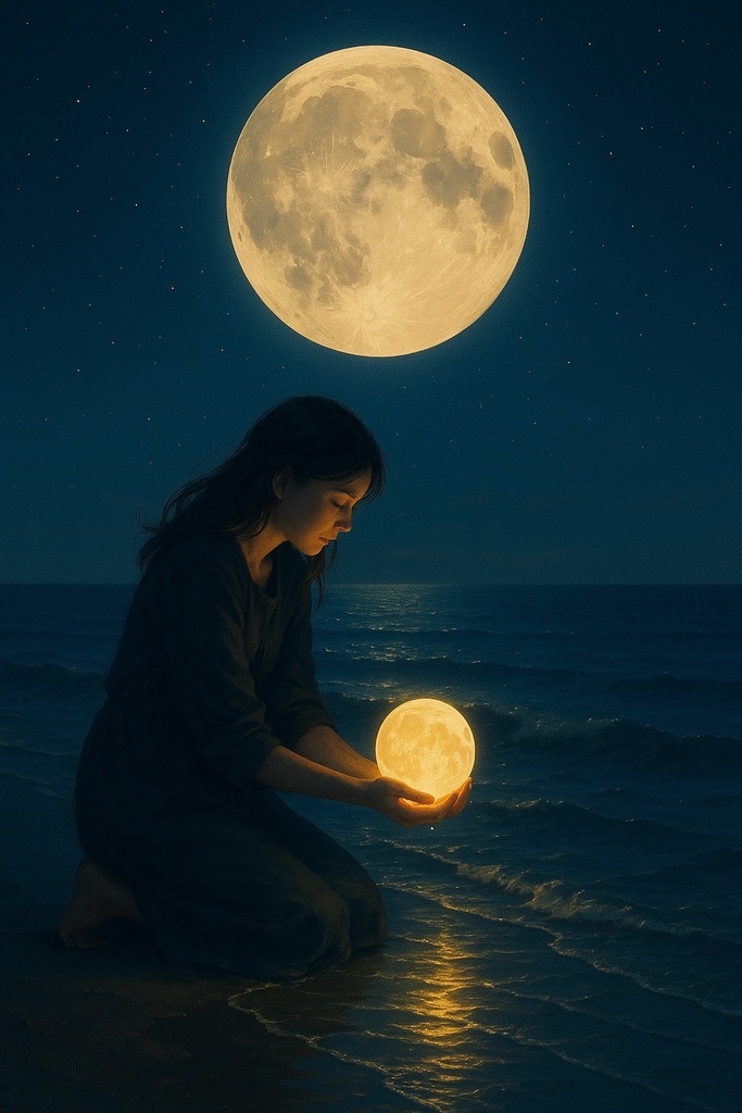月と彼女 - The Moon and Her -|海が願いを覚えている夜【詩×AIアート】