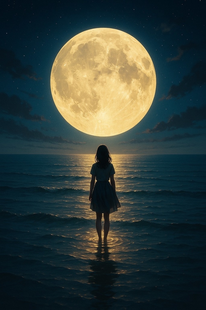 月と彼女 - The Moon and Her -|海が願いを覚えている夜【詩×AIアート】
