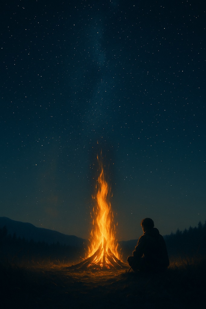 星空の下、焚き火を囲む一人
