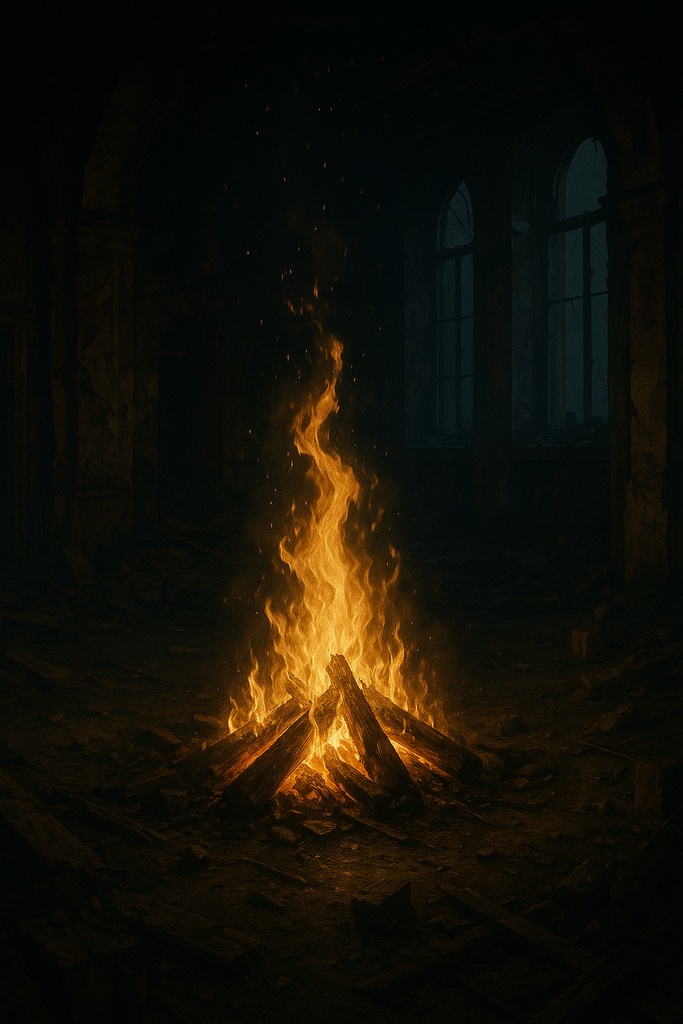 廃墟の中の炎と月光