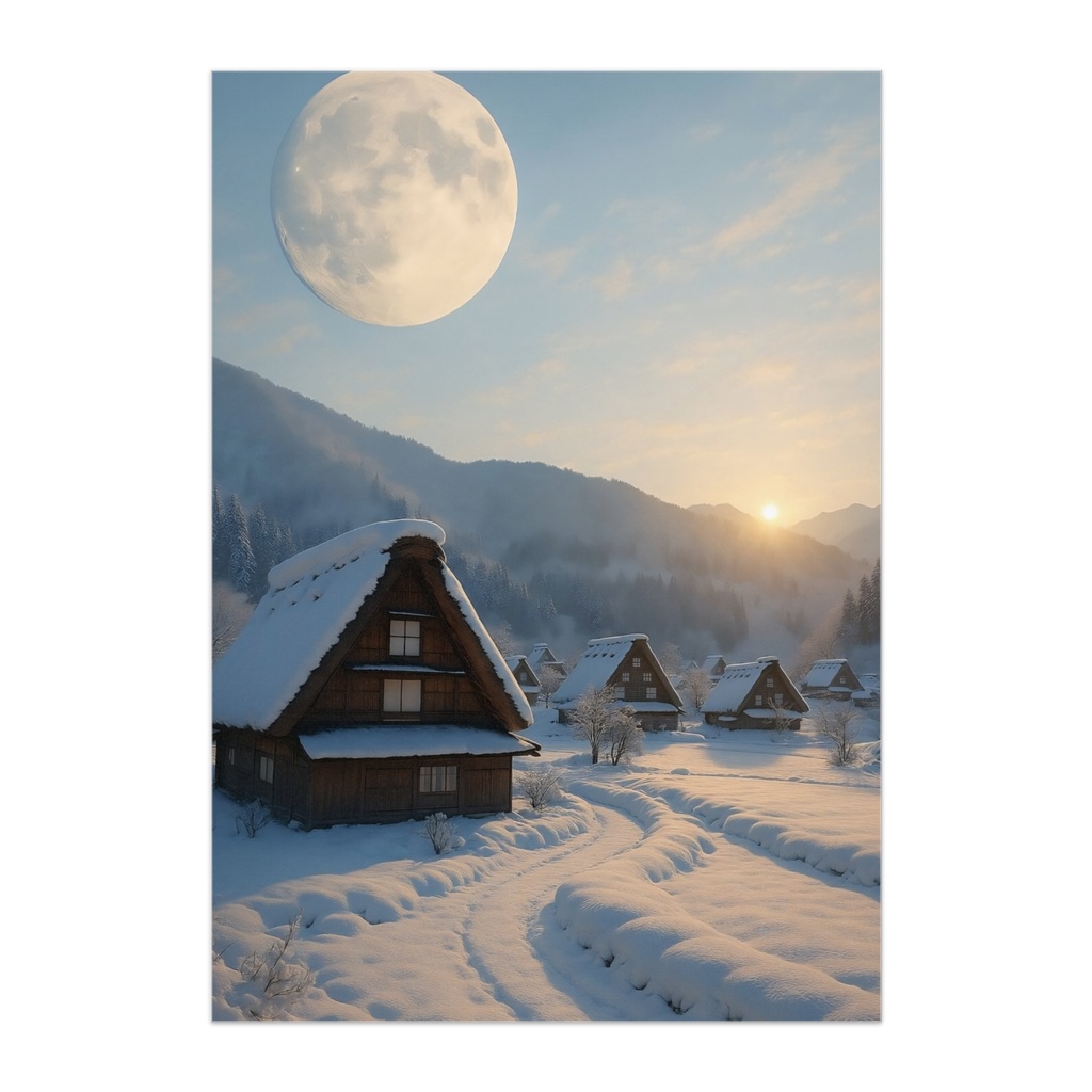 【ポスター】Moon and Morning over a Snow Village – 雪の里に残る月と朝日 –