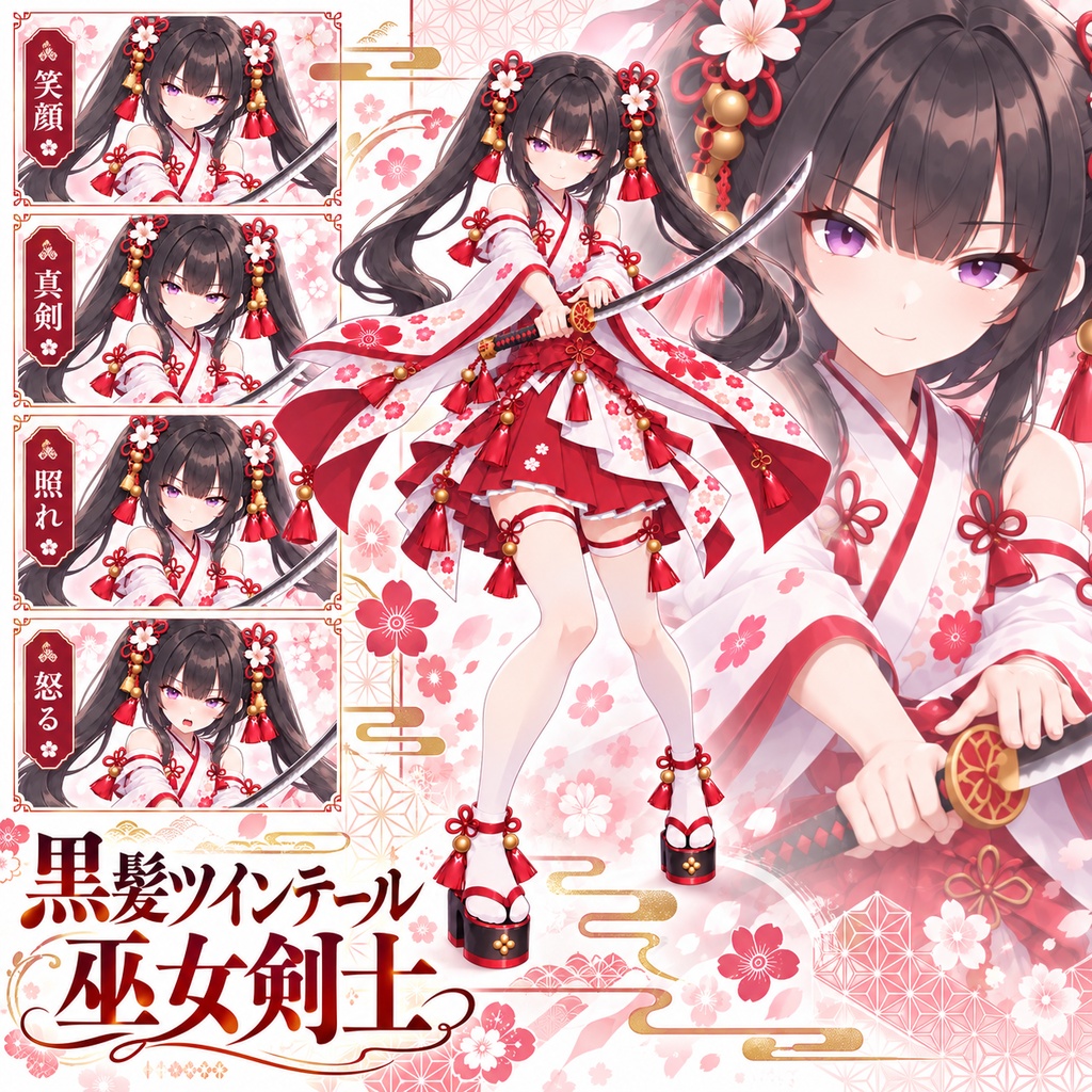 【立ち絵素材01】黒髪ツインテール巫女剣士