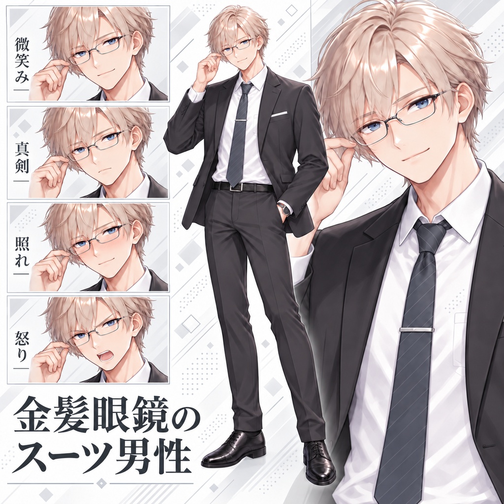 【立ち絵素材95】金髪眼鏡のスーツ男性