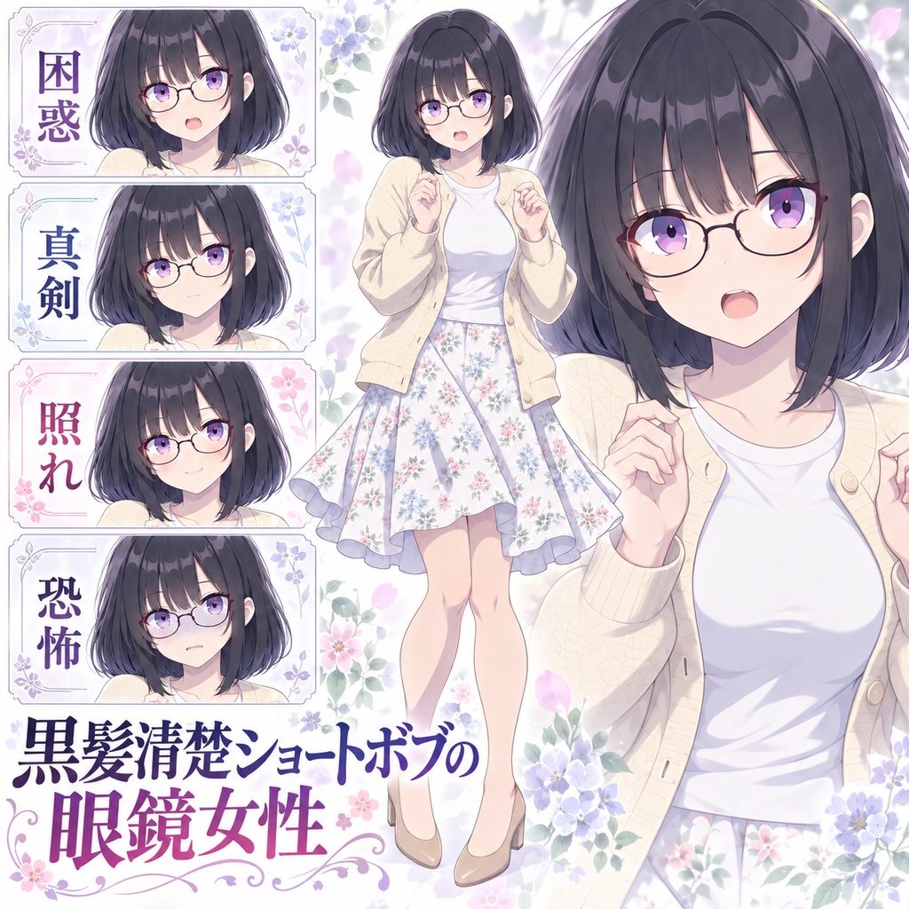 【立ち絵素材101】【無料】黒髪清楚ショートボブの眼鏡女性