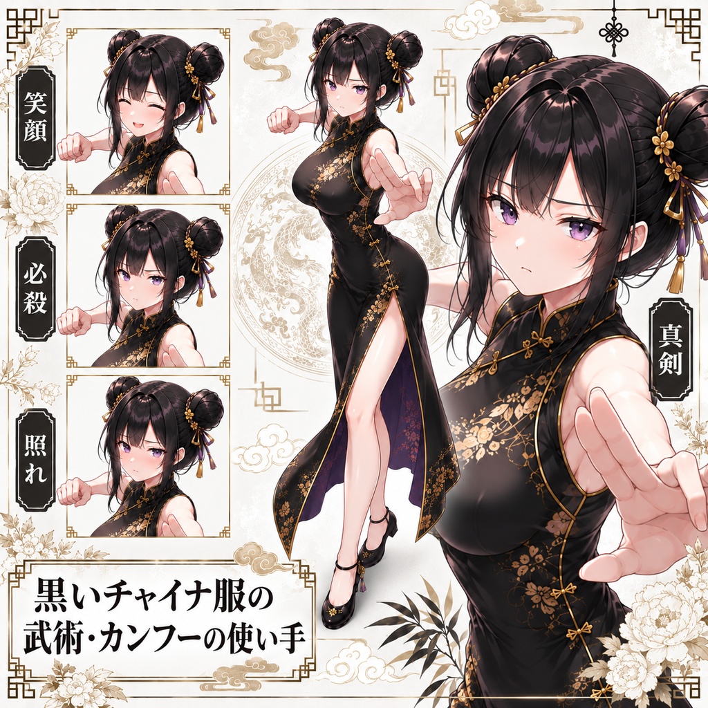 【立ち絵素材110】黒いチャイナ服の武術_カンフーの使い手
