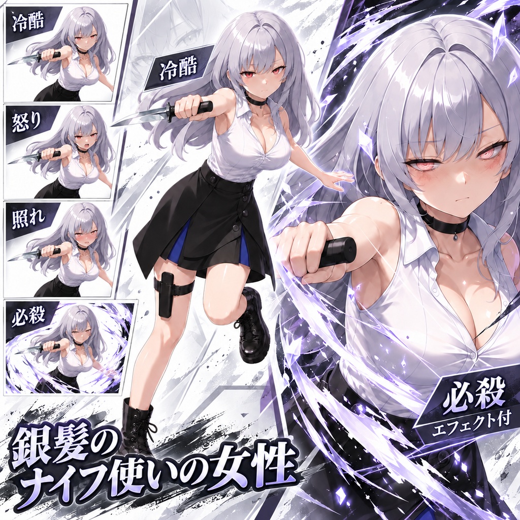 【立ち絵素材124】銀髪のナイフ使いの女性