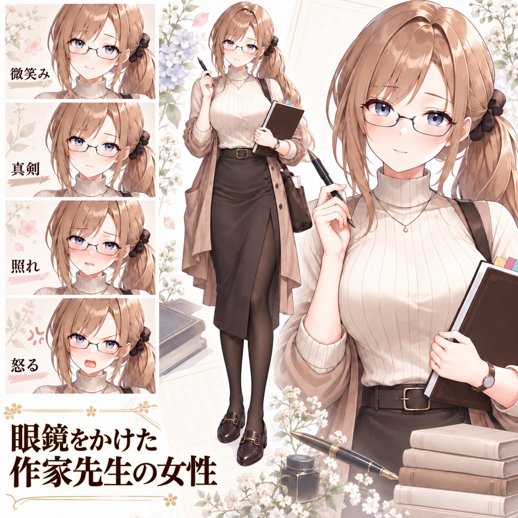 【立ち絵素材137】眼鏡をかけた作家先生の女性
