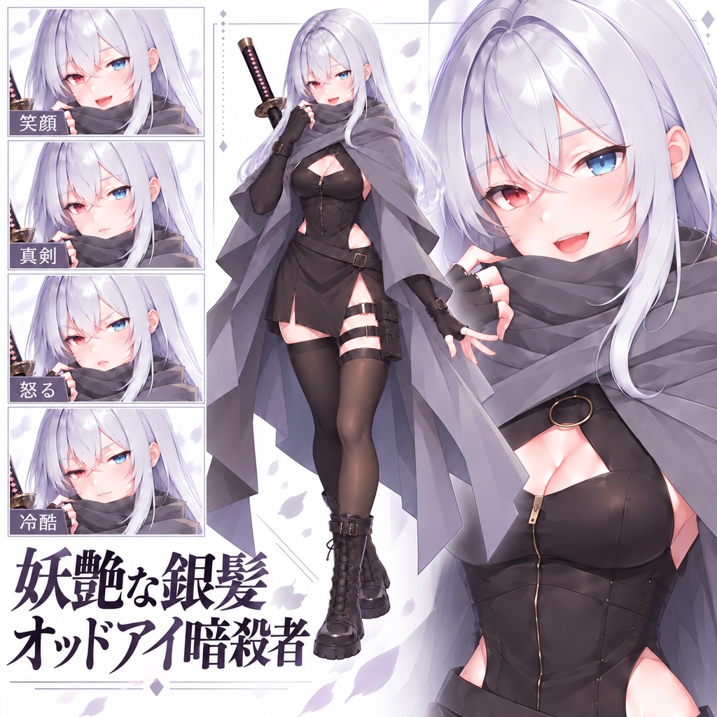 【立ち絵素材181】【無料】妖艶な銀髪オッドアイ暗殺者