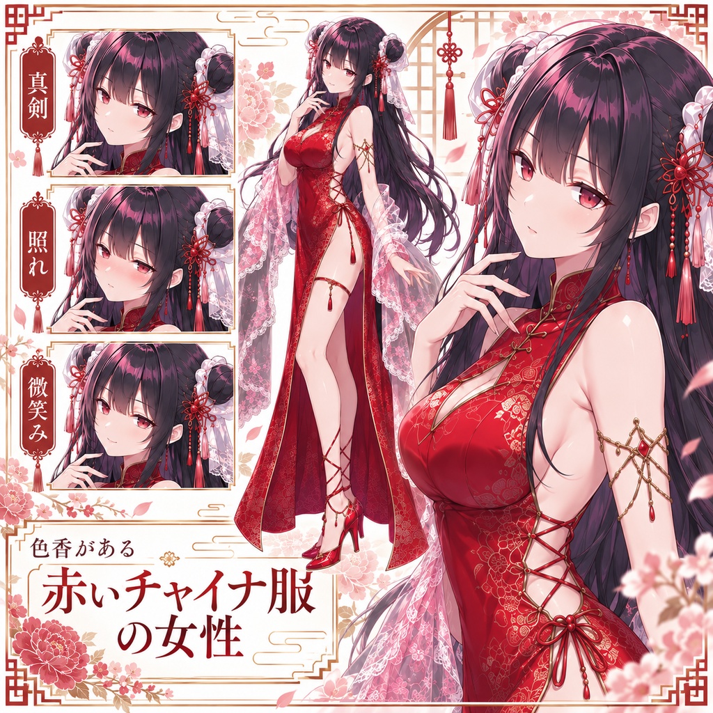 【立ち絵素材183】色香がある赤いチャイナ服の女性