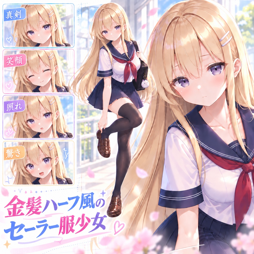 【立ち絵素材226】金髪ハーフ風のセーラー服少女