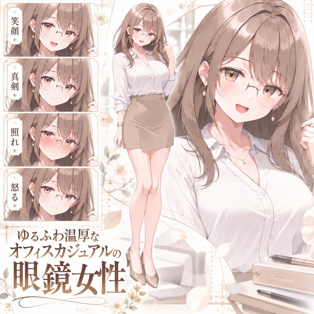 【立ち絵素材248】ゆるふわ温厚なオフィスカジュアルの眼鏡女性