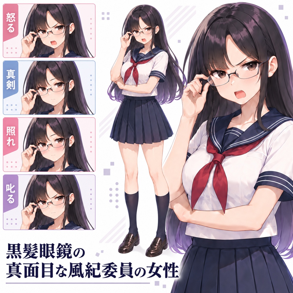 【立ち絵素材253】黒髪眼鏡の真面目な風紀委員の女性