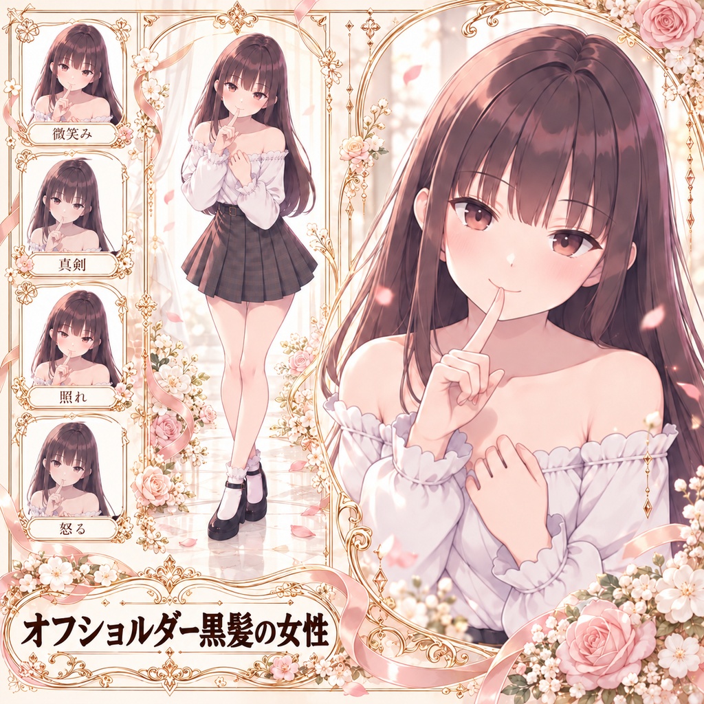 【立ち絵素材278】オフショルダーの黒髪清楚の女性