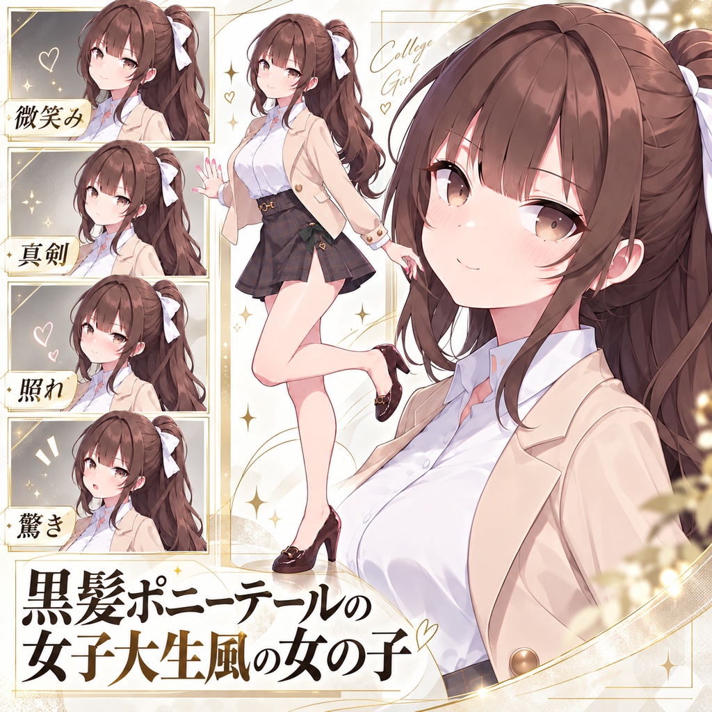 【立ち絵素材289】黒髪ポニーテールの女子大生風の女の子