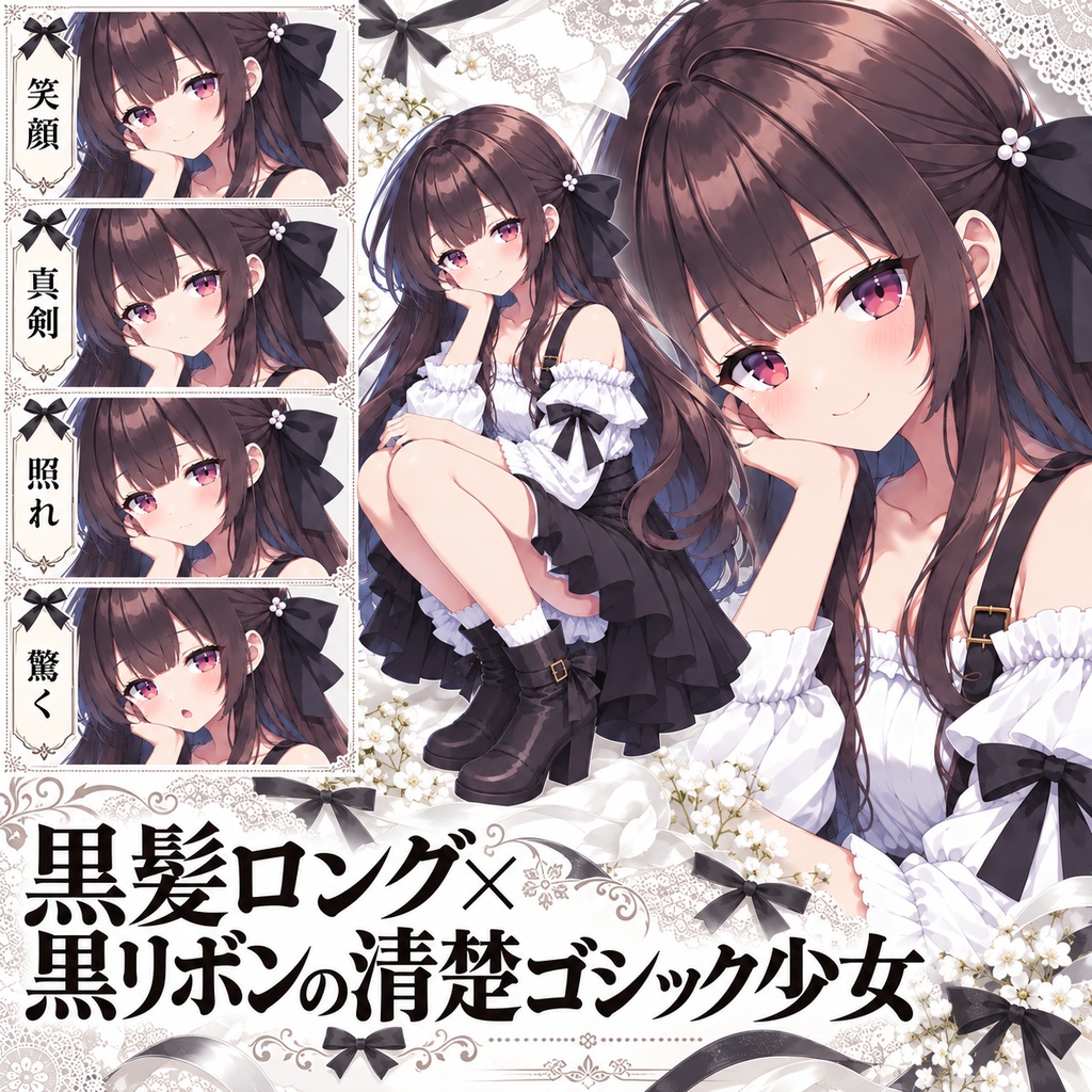 【立ち絵素材291】黒髪ロング×黒リボンの清楚ゴシック少女