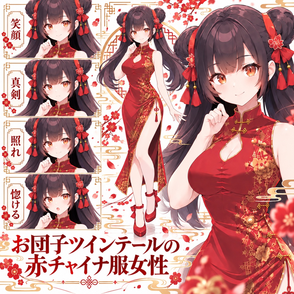 【立ち絵素材299】お団子ツインテールの赤チャイナ服女性