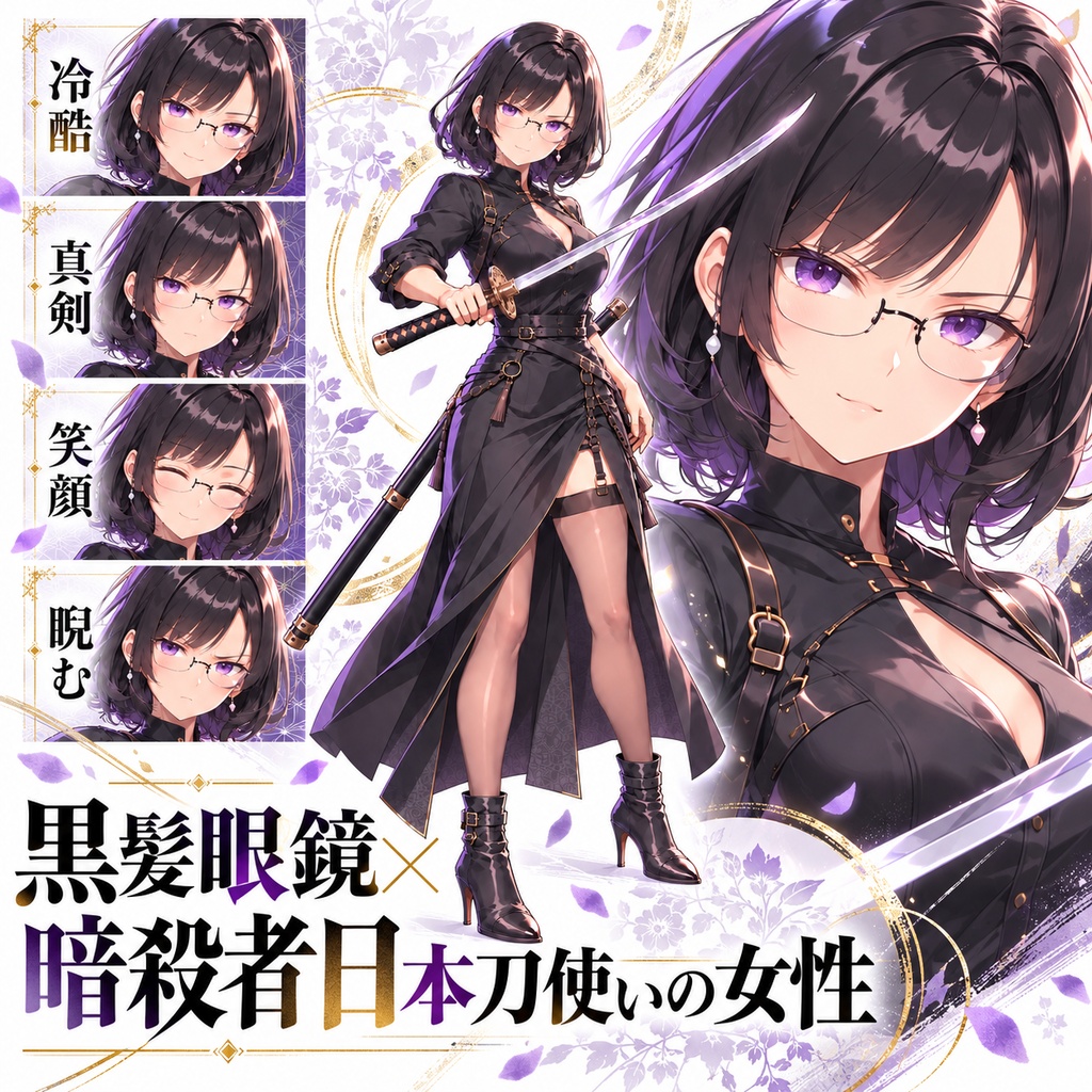 【立ち絵素材301】黒髪眼鏡×暗殺者日本刀使いの女性