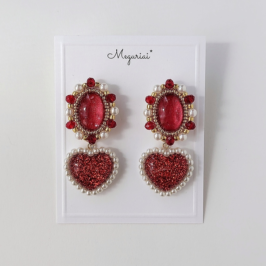 2way ハートチャーム付き赤カボションピアス/イヤリング