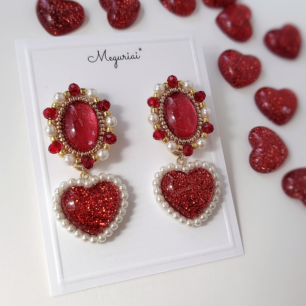 2way ハートチャーム付き赤カボションピアス/イヤリング