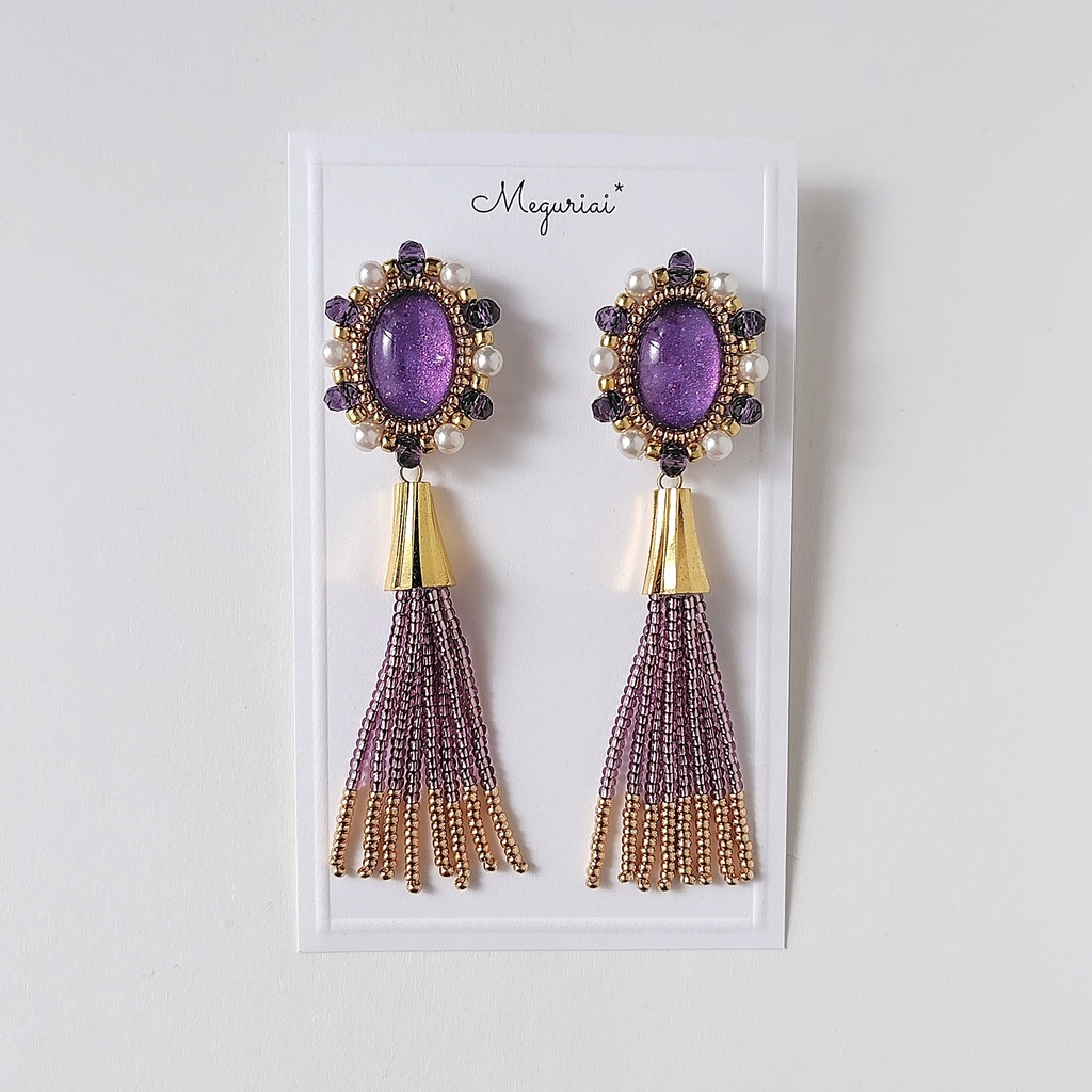 2way ビーズタッセルチャーム付き紫カボションピアス/イヤリング