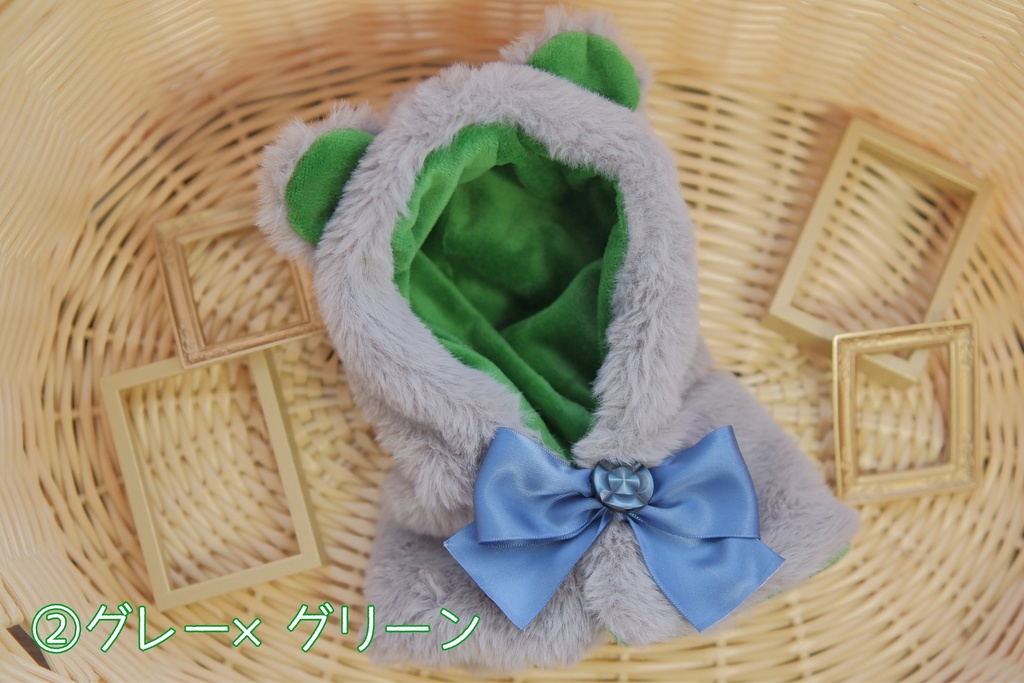 耳付きフードポンチョ(グレー/ライトグレー/白)20cmぬい用