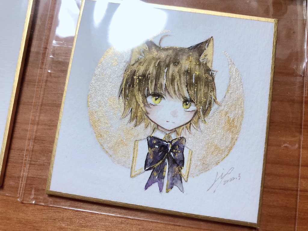 【真夜中の猫たちの集い】豆色紙原画2点