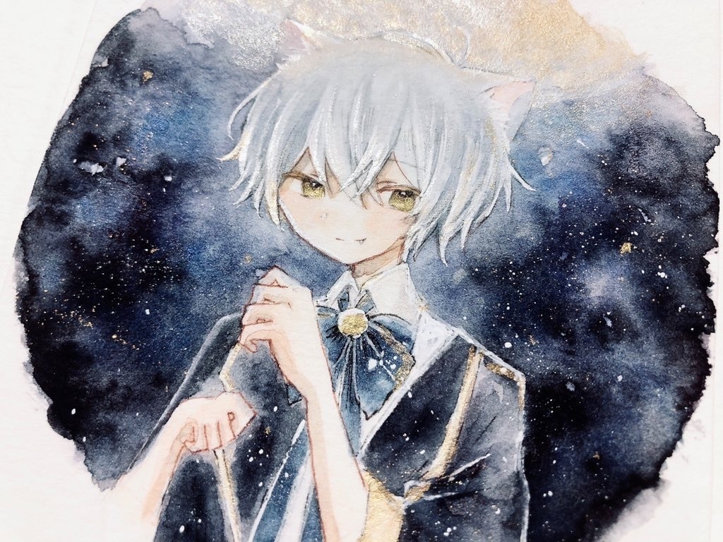 【額装作品】『月夜と白猫』