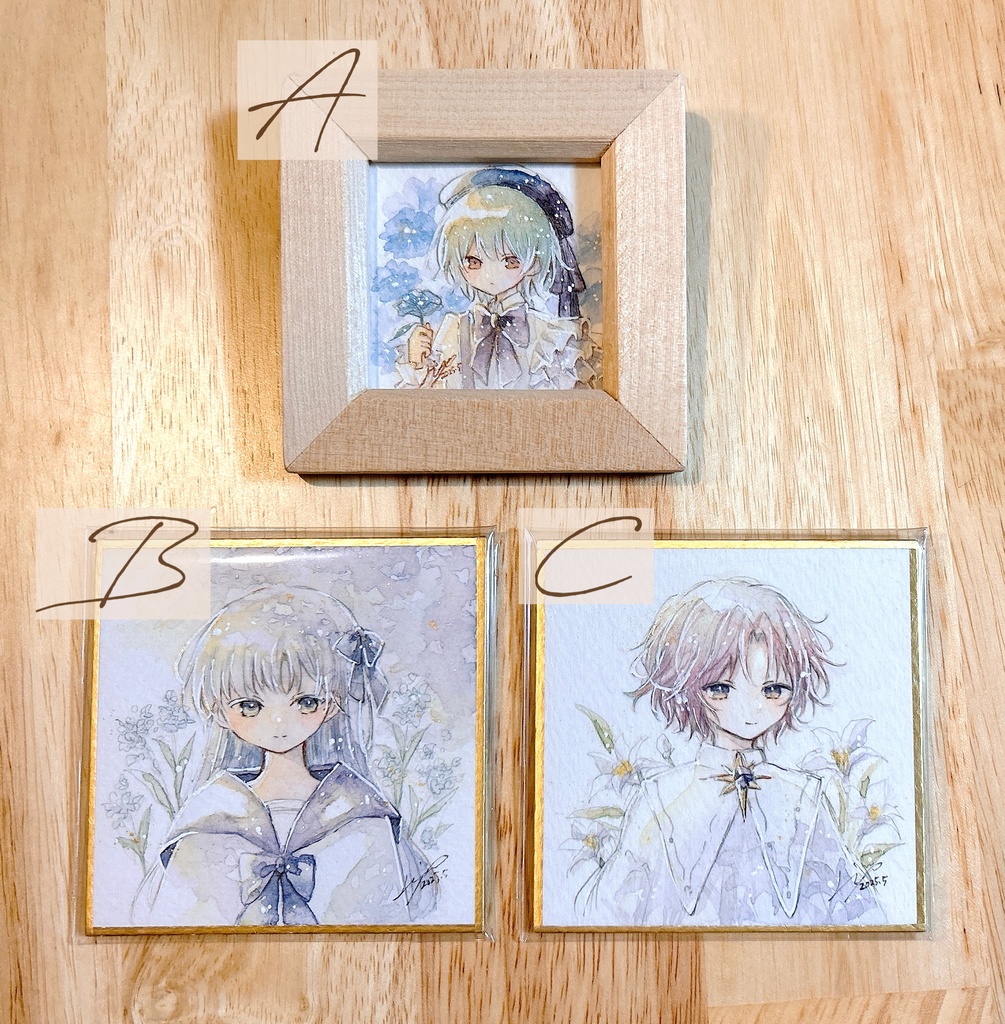 【新作】「花と少年少女のミニ原画/豆色紙」3種