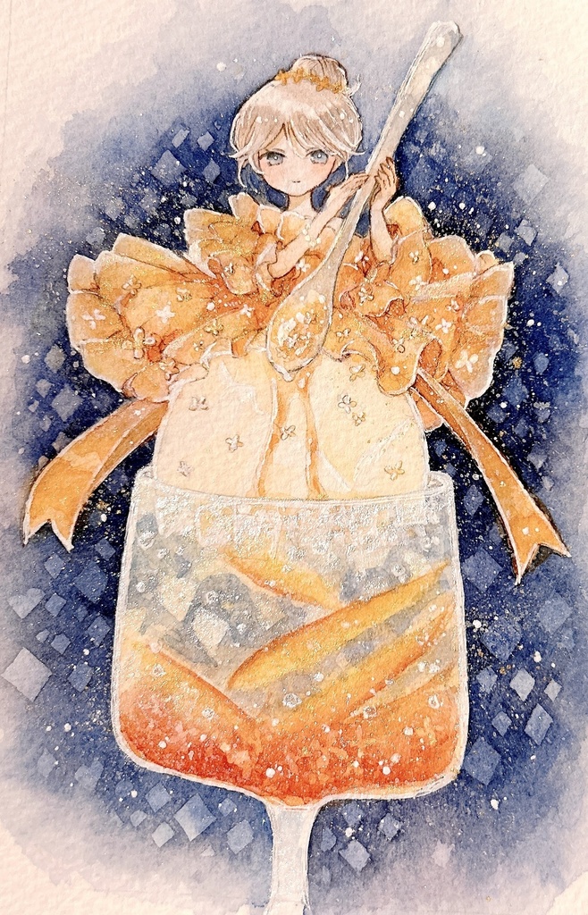 』【真夜中のアイス展作品】『午前0時のオレンジソーダフロート〜金木犀のシロップで召し上がれ〜』額装作品