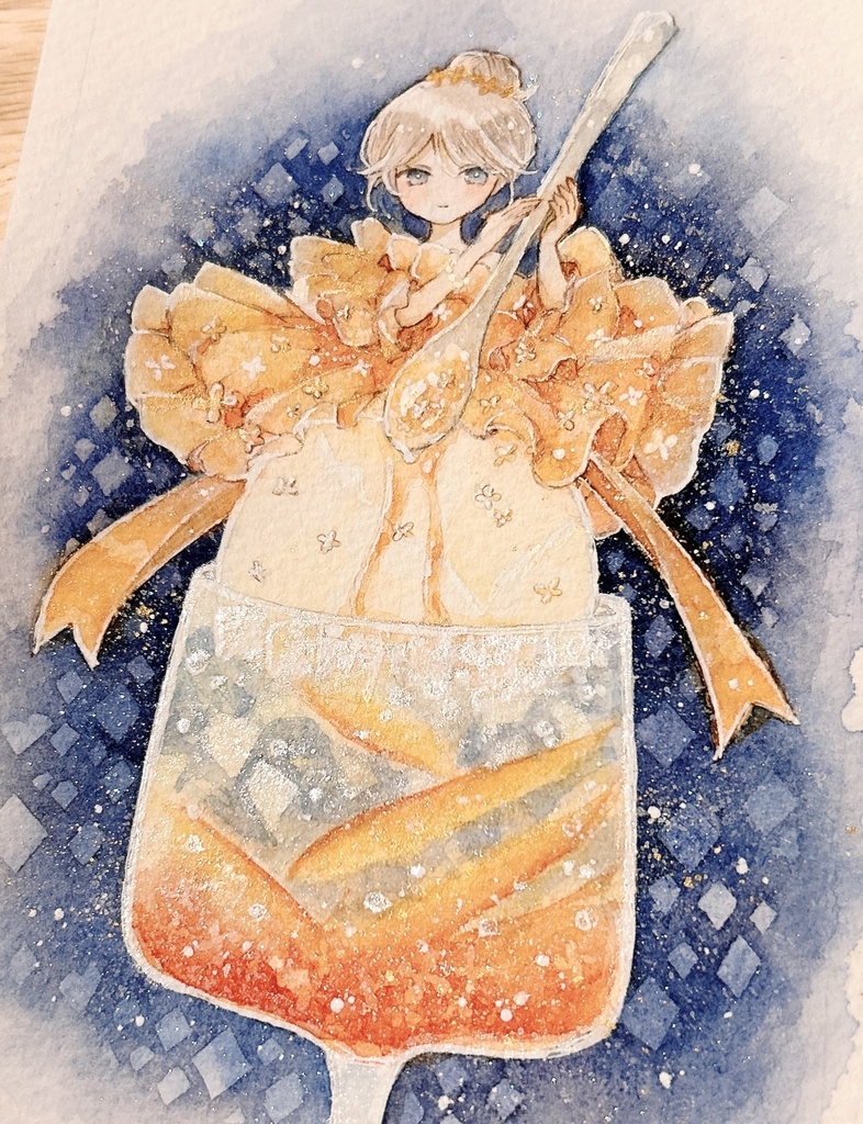 』【真夜中のアイス展作品】『午前0時のオレンジソーダフロート〜金木犀のシロップで召し上がれ〜』額装作品