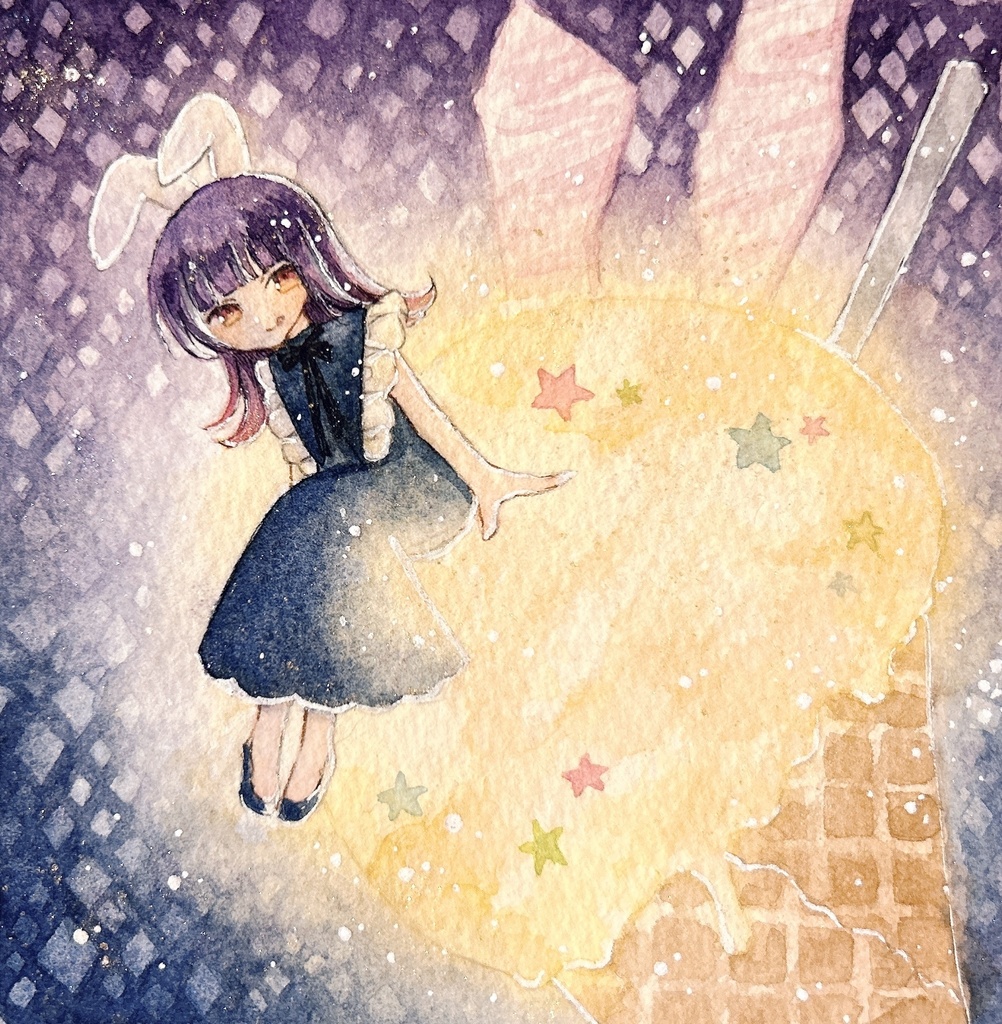 【真夜中のアイス展作品】額装作品『月うさぎのアイスコーン』